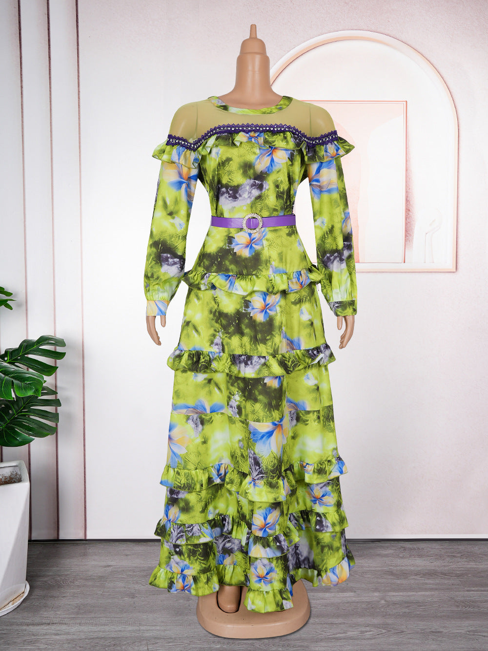 Plus-size African Women ruffled print beaded belt dress 7