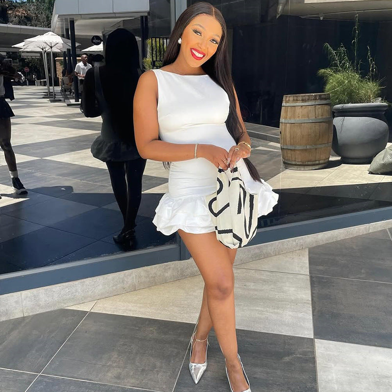 Women Sleeveless Round Neck Solid Career Pleated Mini Dress 5