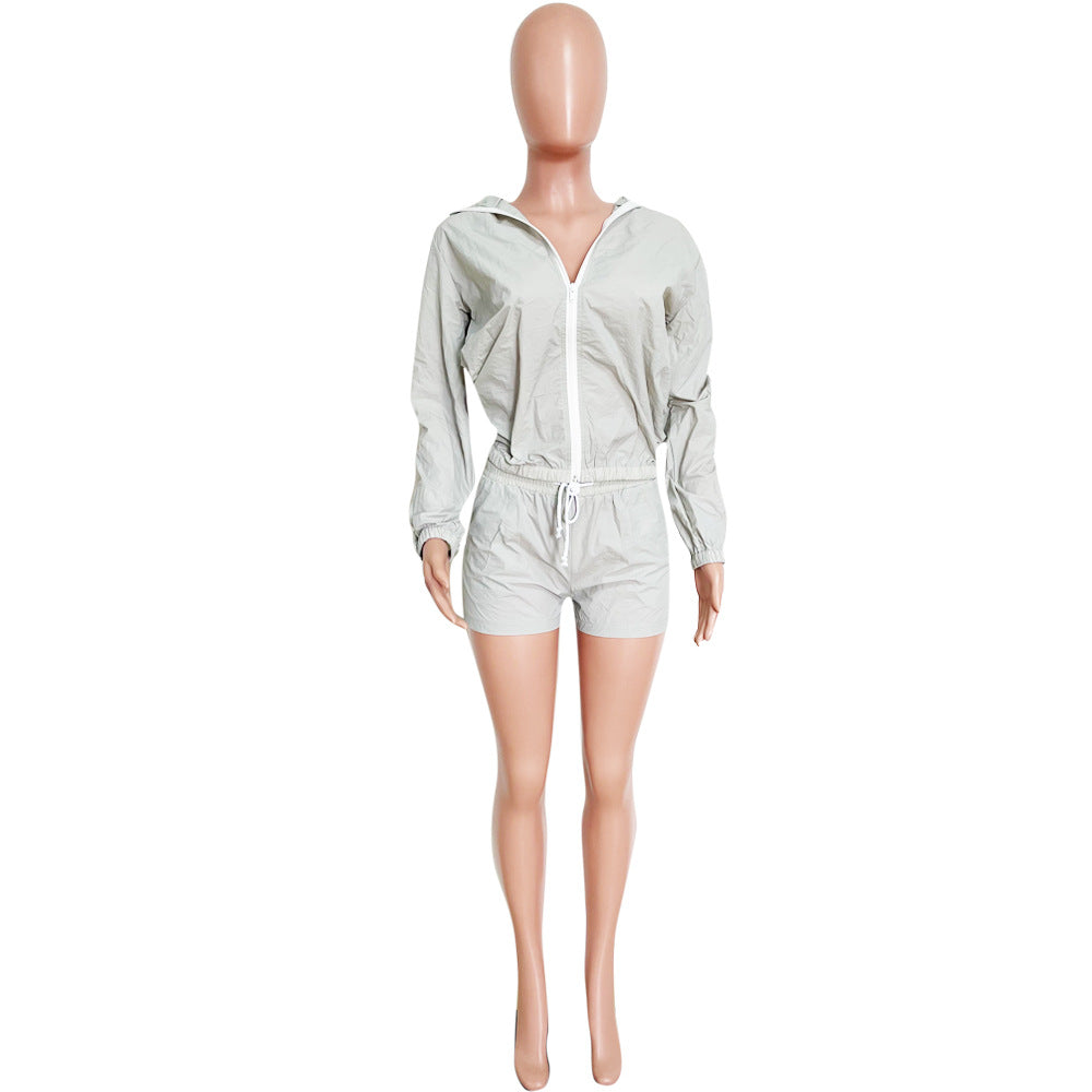 Women's Fashionable casual long sleeve sun protection Hooded Top and Shorts set 15