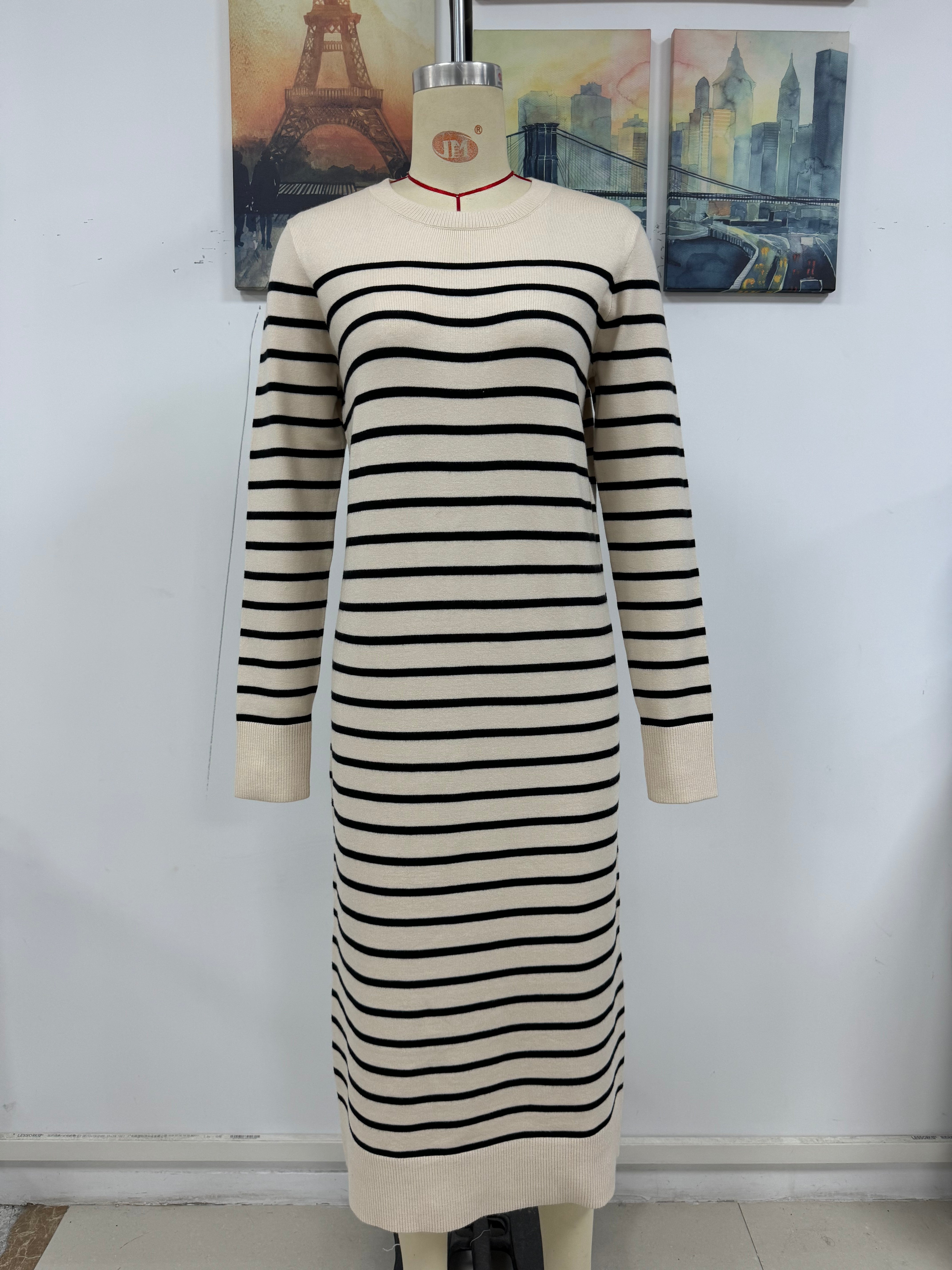 Fashion Autumn Winter Women Knitting Striped Casual Long Dress 11
