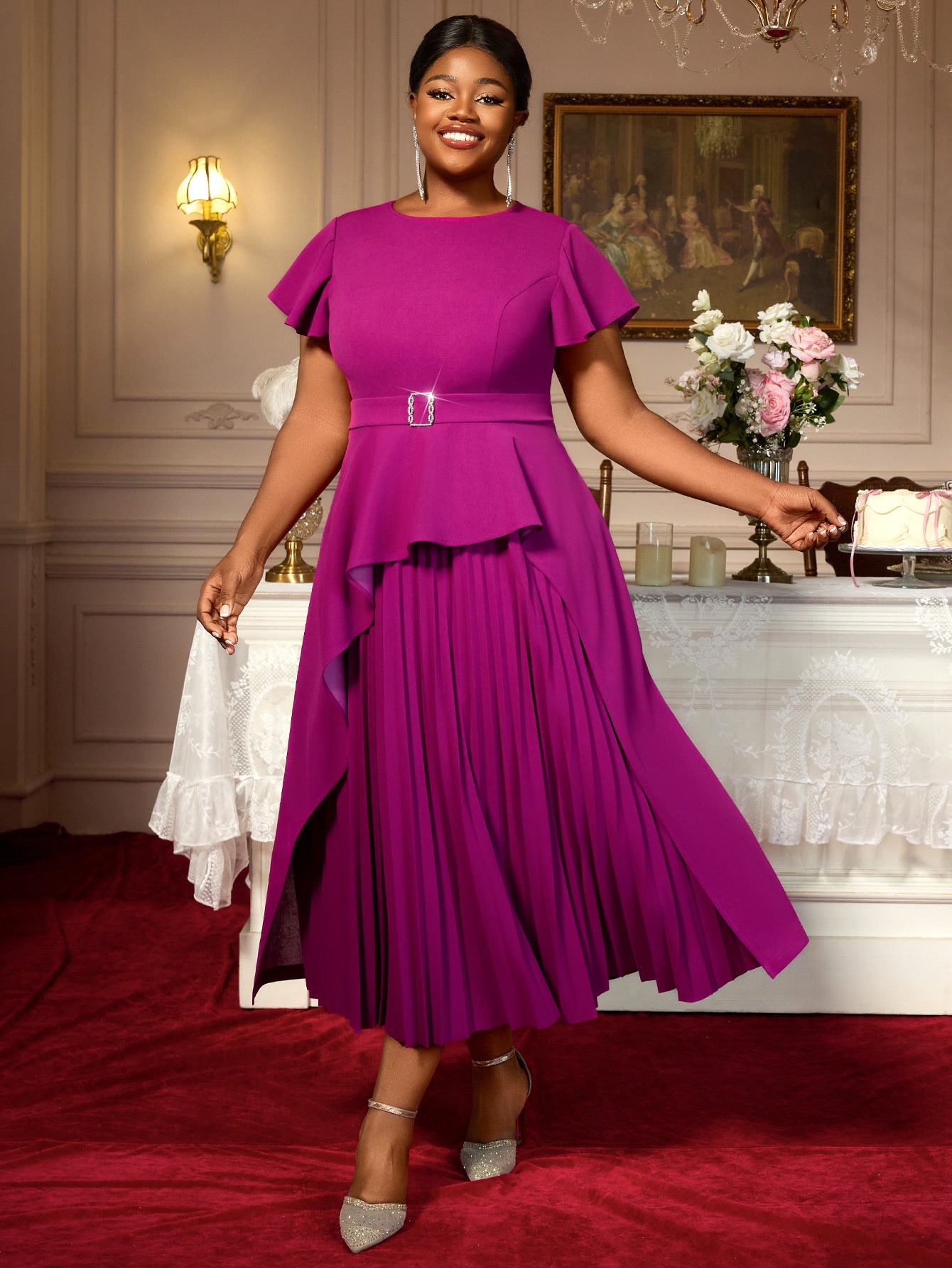 Plus Size Women Round Neck Short Sleeve Irregular Ruffle Elegant Dress 7