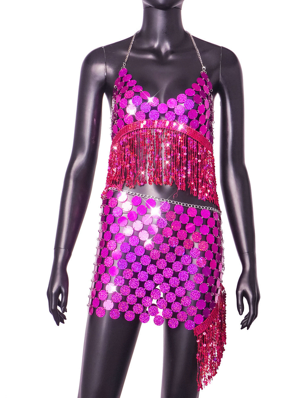 Women Sexy Backless Strap Sequin Patchwork Tassel Set of Two 10