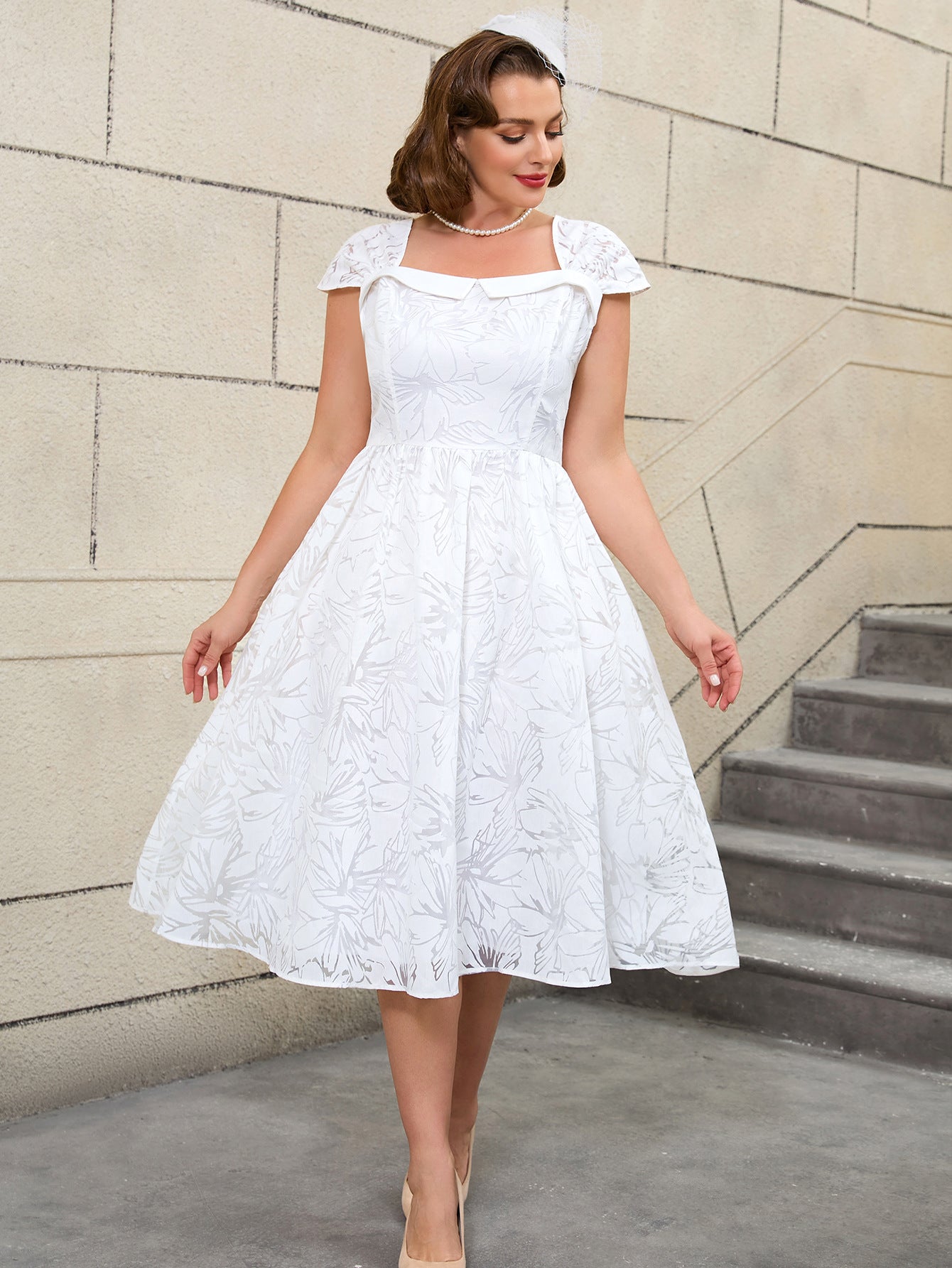 Plus Size Wedding Jacquard White Square-Neck High-Waist A-Line Elegant Wedding Dress