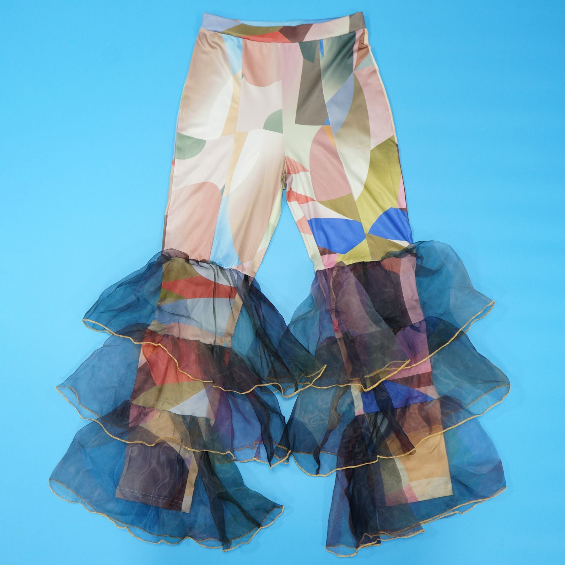 Women's Tie-dye Print Bell Bottom Pants Ruffled trousers 12