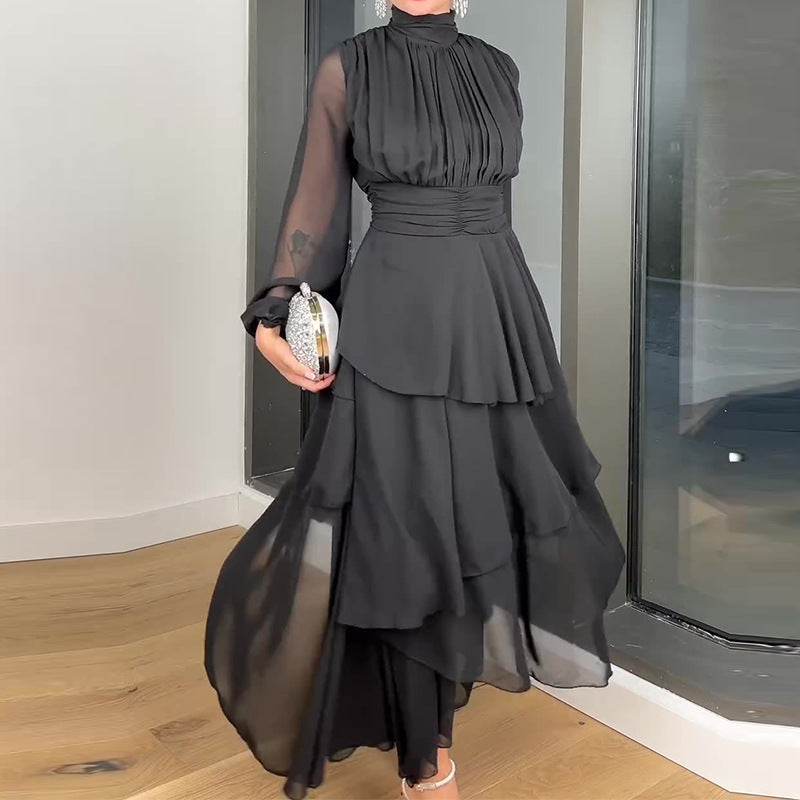 Women French Solid Turtleneck Cascading Ruffles Dress 5