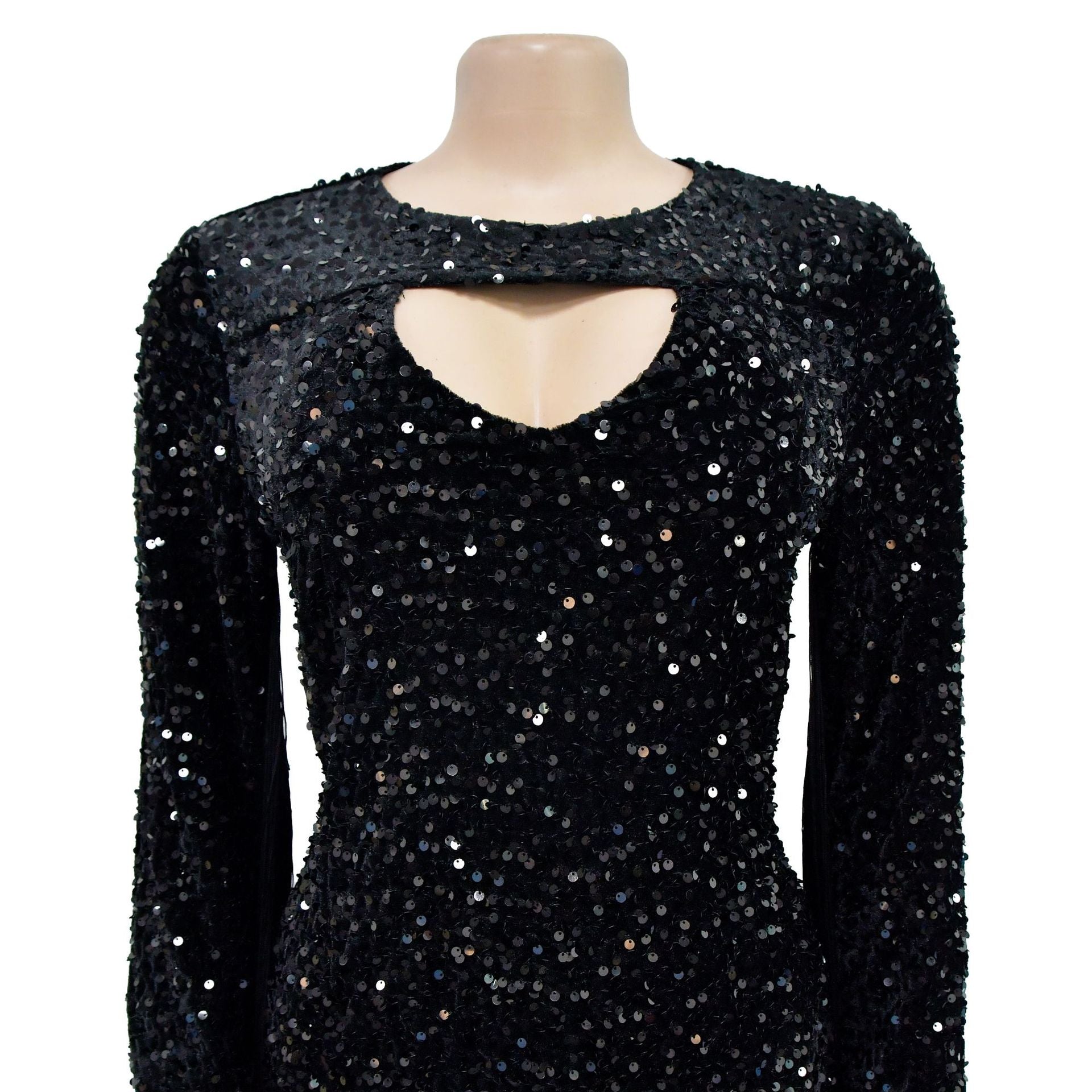 Women Solid Sequined Tassel Long Sleeve Dress 14