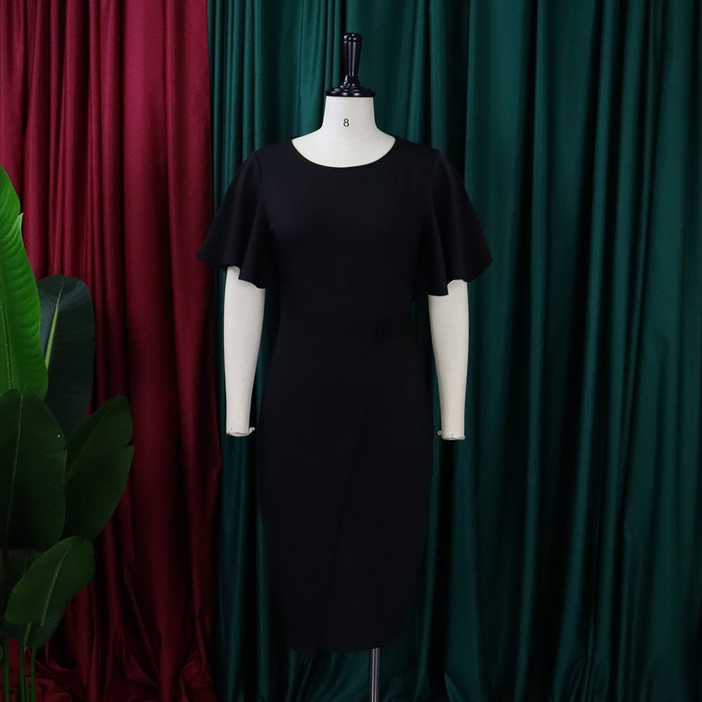 Women's Summer Solid Color High Waist Chic Career Ruffle Sleeve Office Dress 24