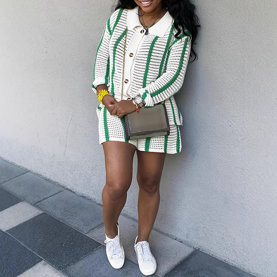 Women Contrast Long Sleeve Sweater ShortsTwo Piece Set