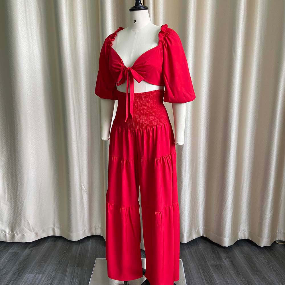 Women Spring Casual V-neck Sleeveless High Waist Solid Cascading Ruffle Loose Plus Size Two Piece Pants Set 21