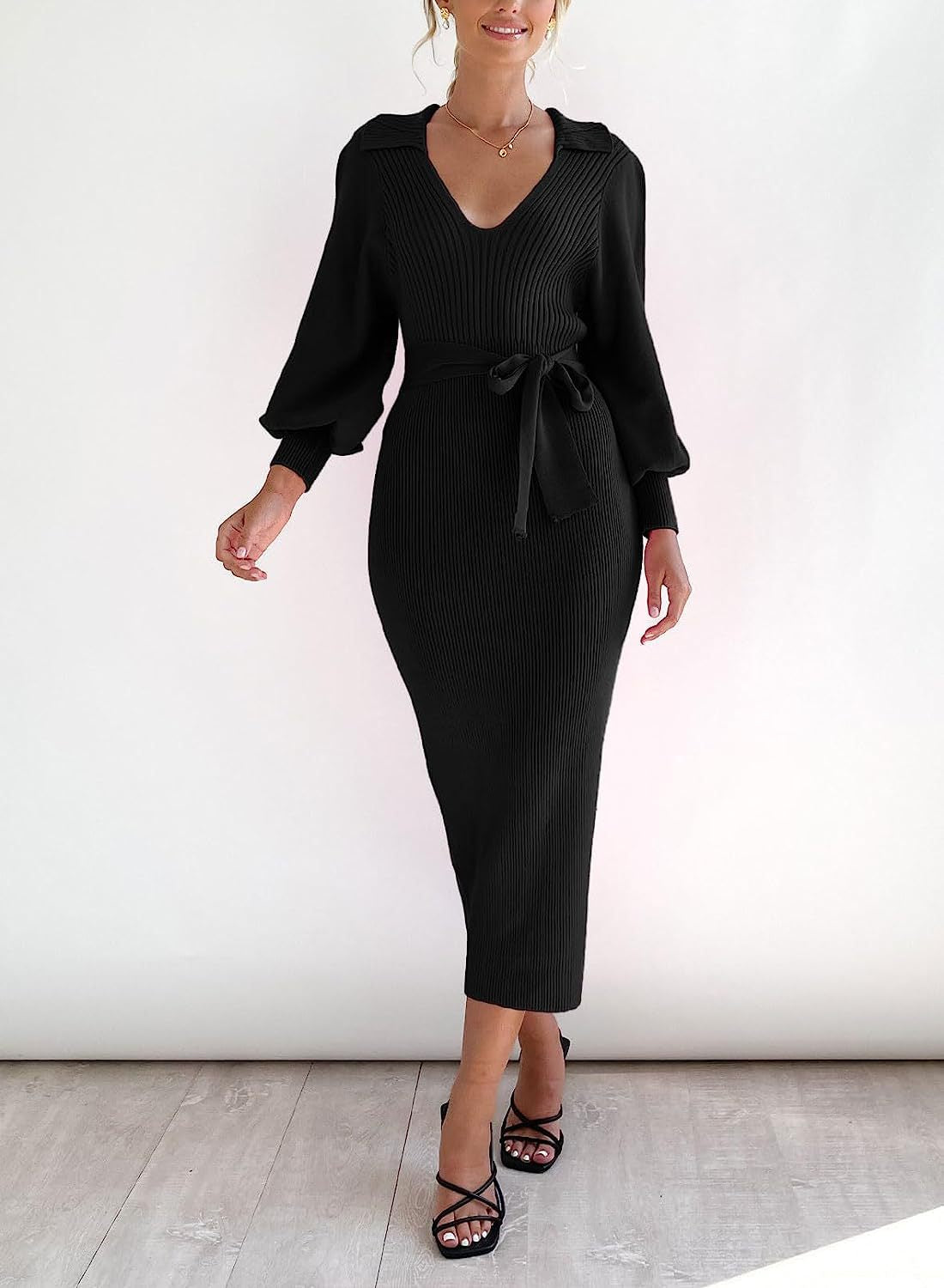 Women's Sweater Dress Elegant Long Sleeve V Neck Sexy Knitting Tight Fitting Dress 13