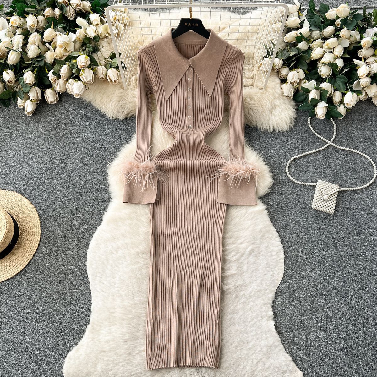 Luxury Knitting Dress Autumn And Winter Turndown Collar Feather Tight Fitting Dress 9