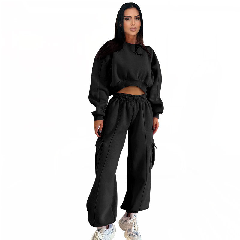 Women's Autumn Round Neck High Waist Hoodies Pocket Loose Sweatpants Suit 8