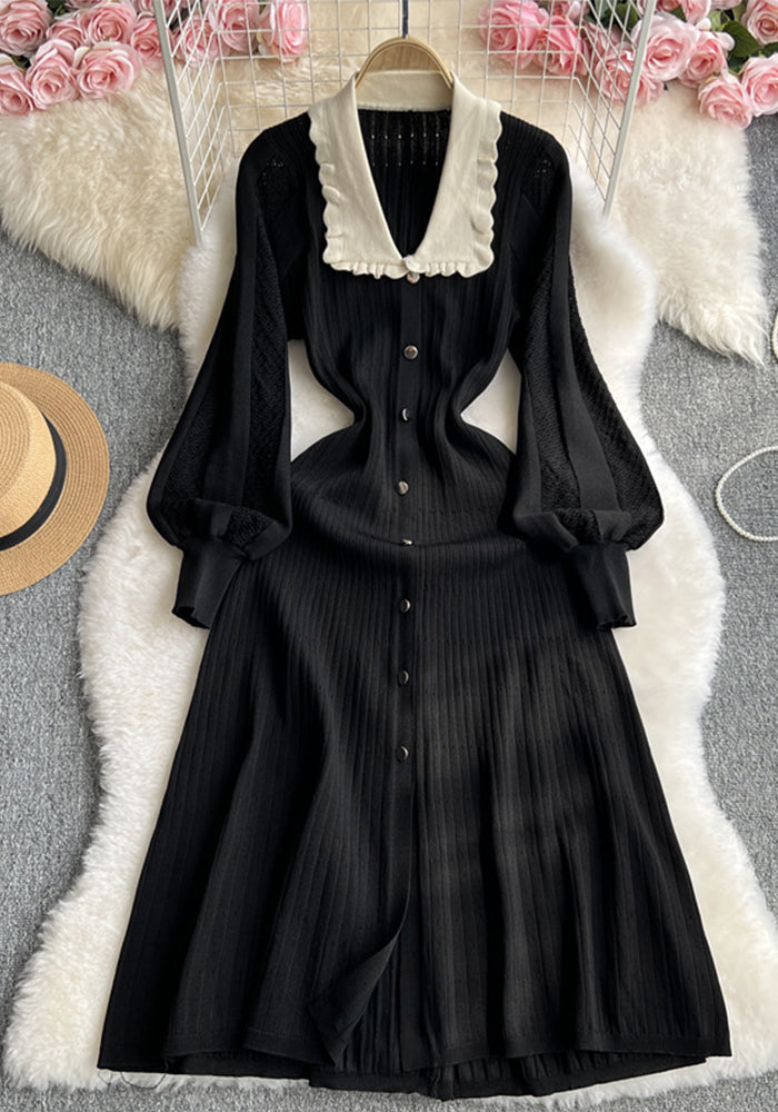Women French knitting dress season Turndown Collar lantern sleeve long skirt