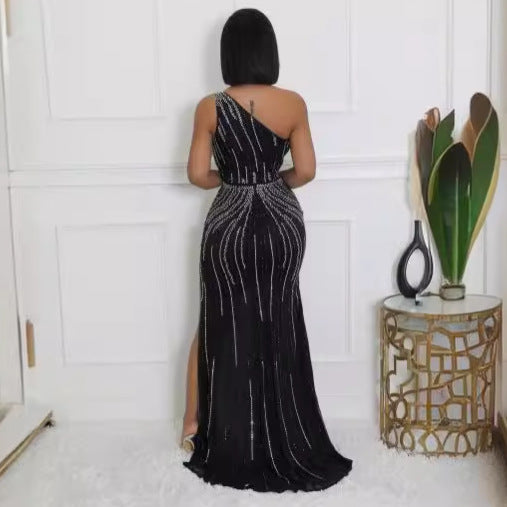 Women Elastic Beaded Sleeveless Slash Shoulder Slit Bodycon Dress 5