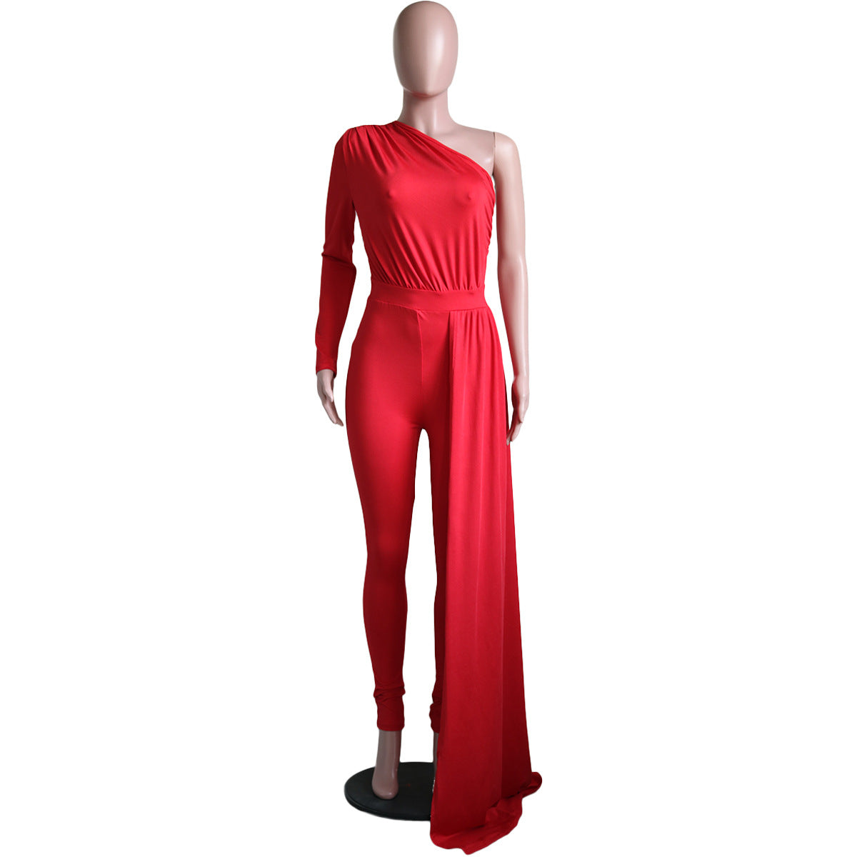 Women Slash Shoulder Irregular Solid Color Jumpsuit 15