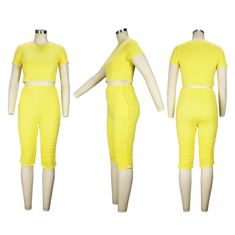Summer Women's Solid Color Tight Fitting Cropped Short Sleeve T-Shirt Women's Pleated Two Piece Set 24