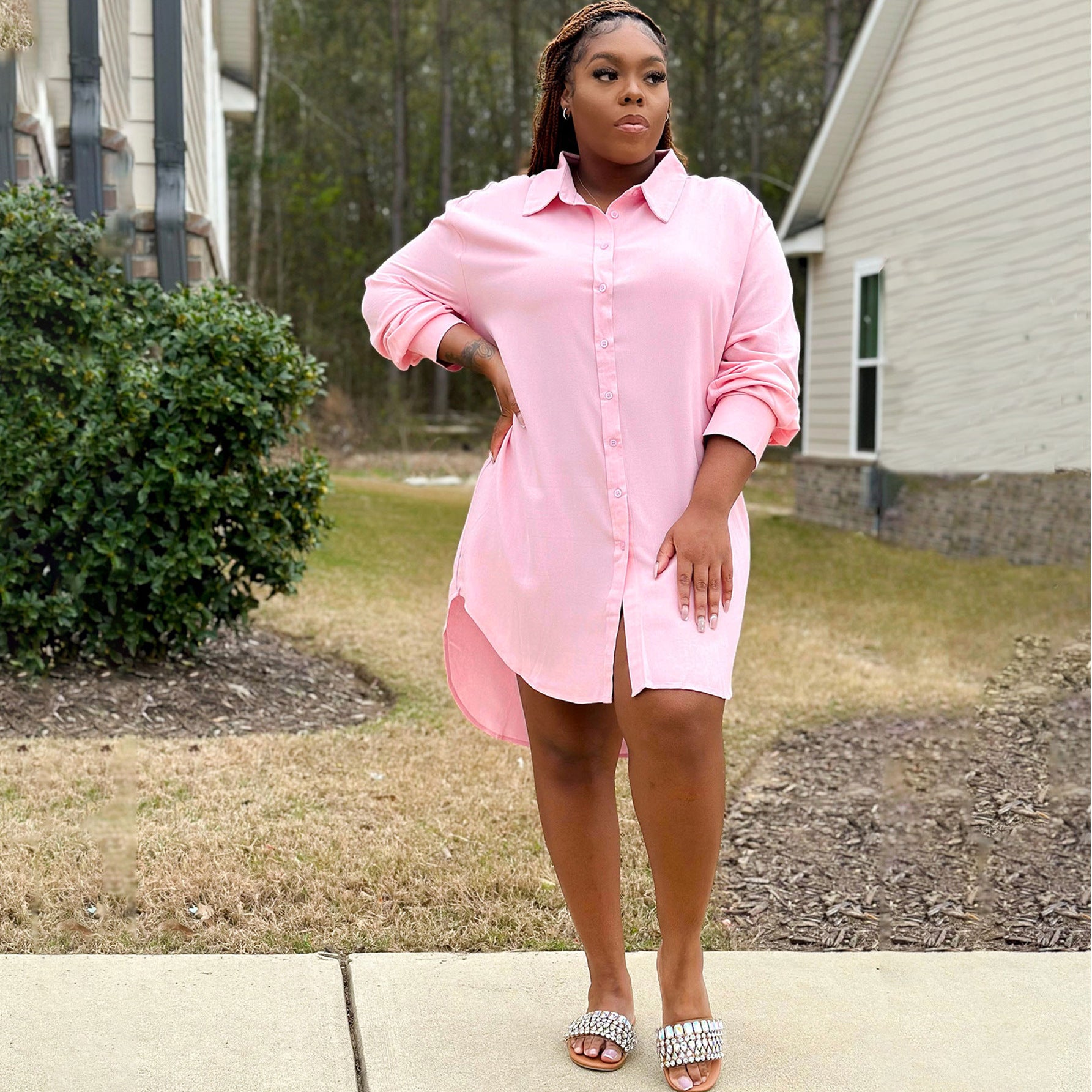 Spring Sexy Solid Color Shirt Dress Loose Long Sleeve Shirt Dress 10