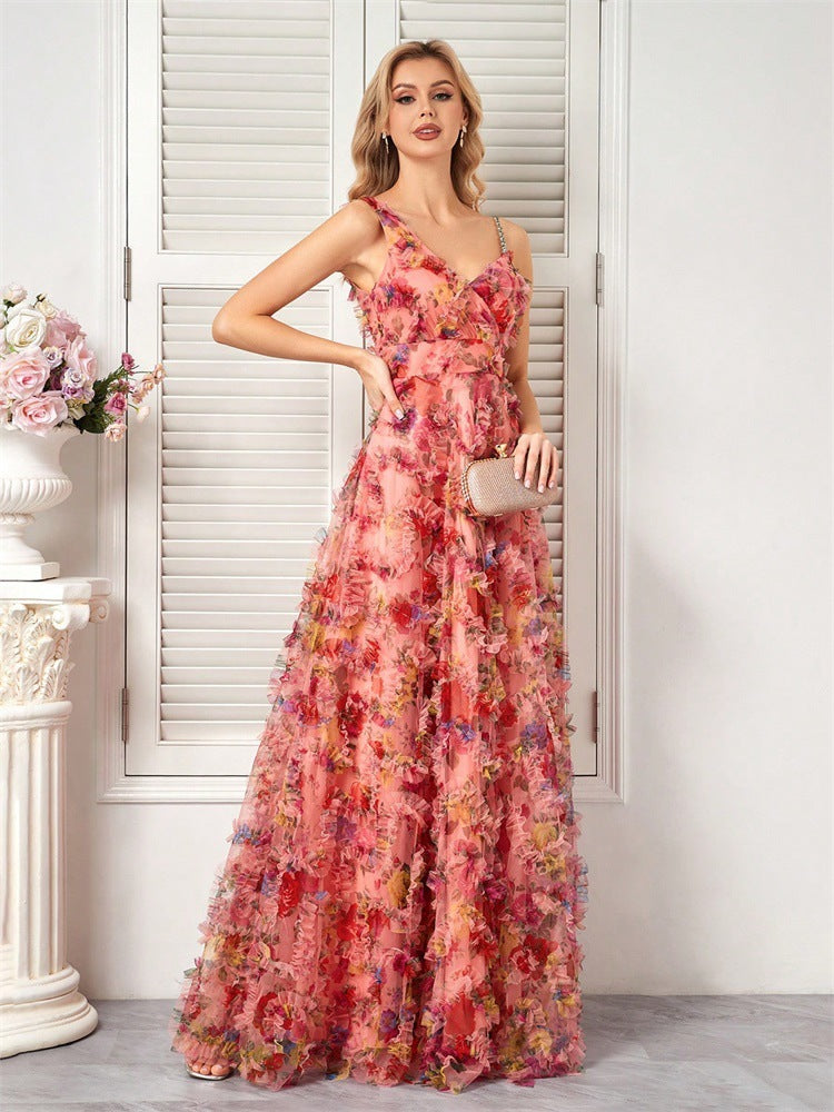 Women V-neck suspender floral elegant prom evening dress 3