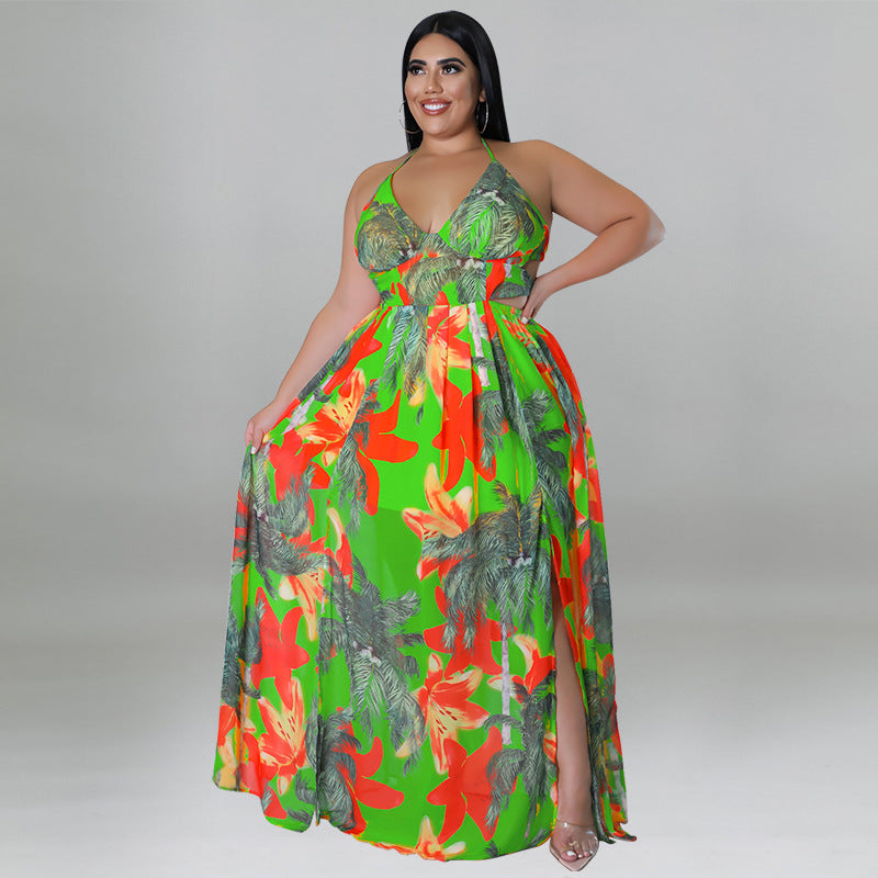 Plus Size Women summer sexy Lace-Up Backless print dress 4