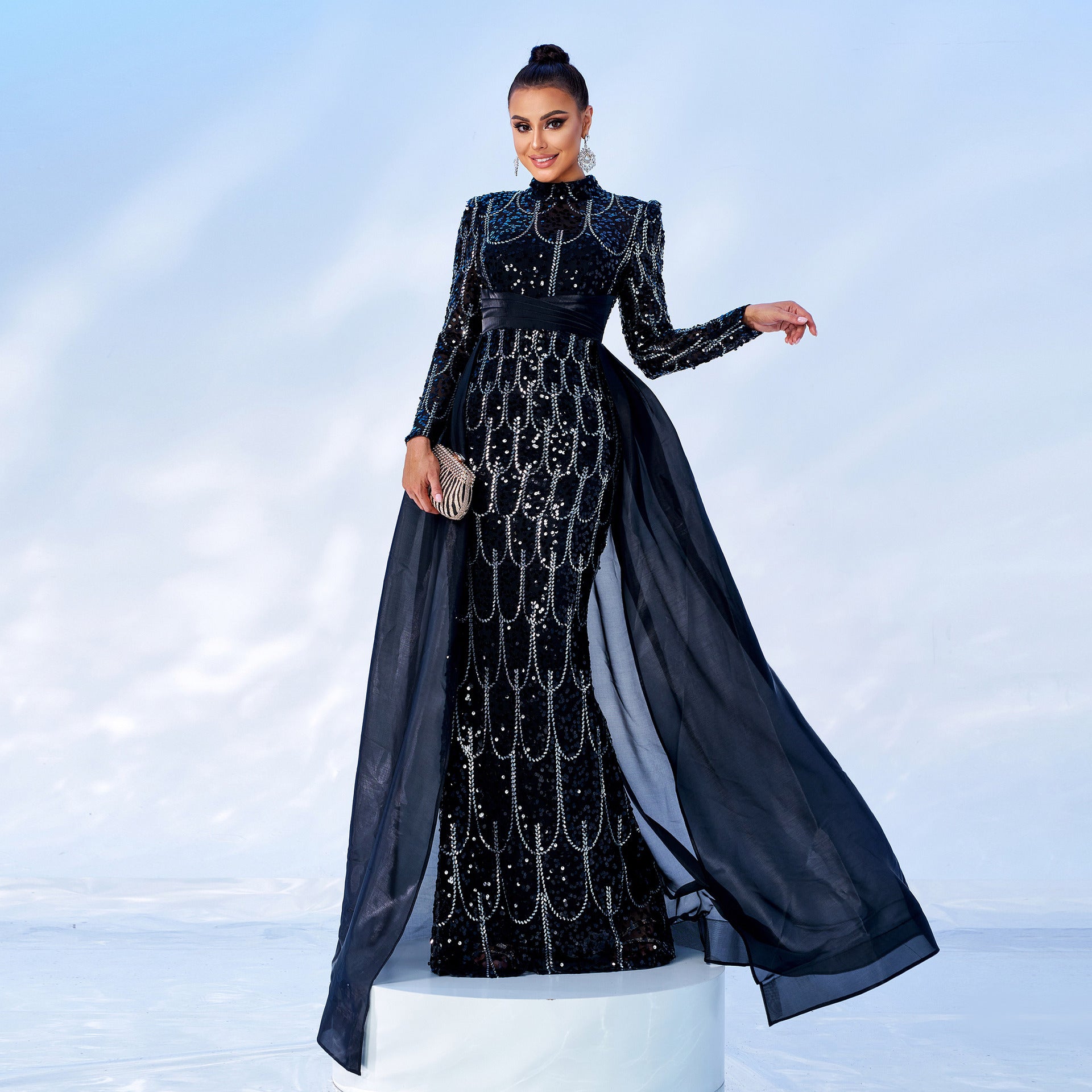 Women Long Sleeve Round Neck Sequined Formal Party Cape Maxi Fishtail Evening Dress 5