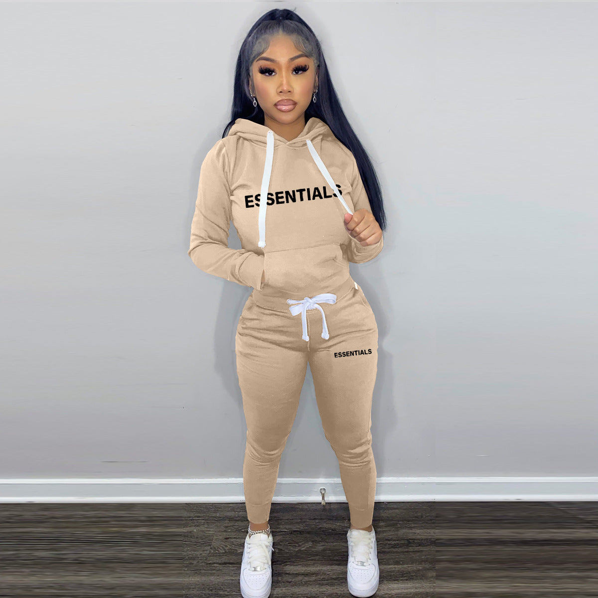 Women's Fashion Winter Fleece Drawstring Letter Print Hoodie Two-Piece Set with Pockets 7