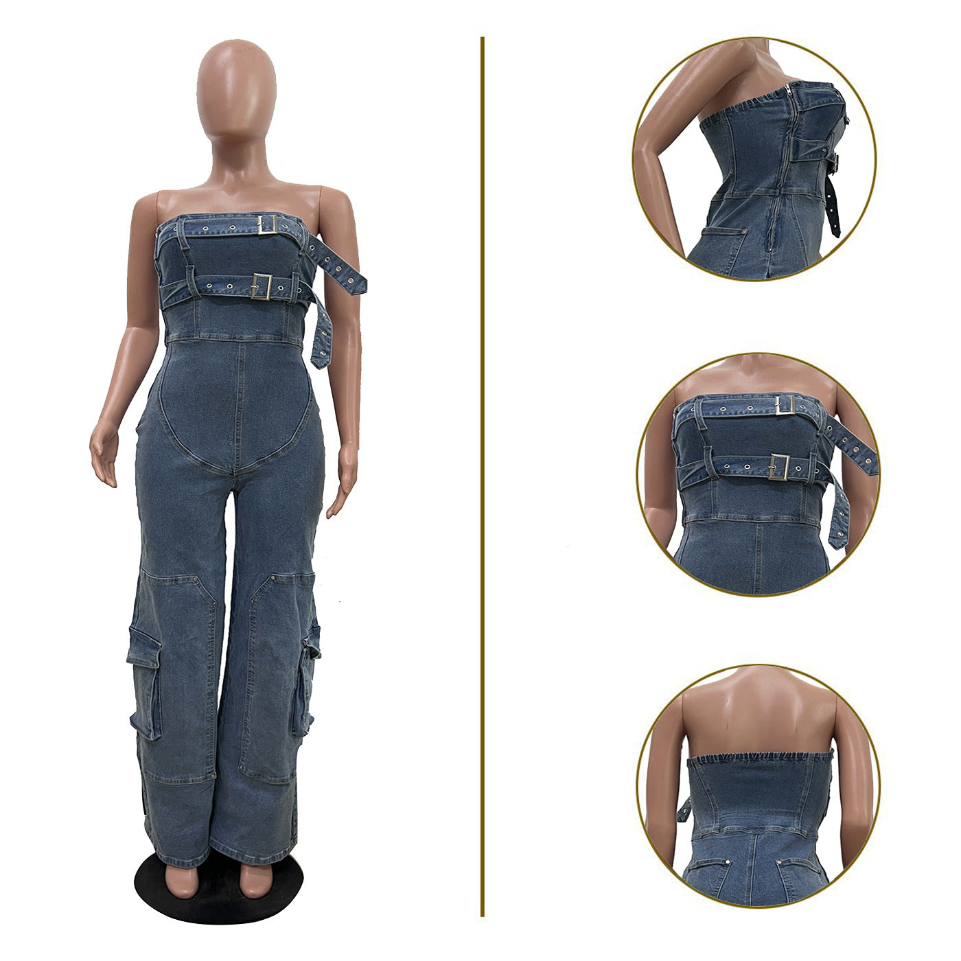 Spring/Summer Women’s Streetwear Strapless High-Waist Denim Jumpsuit 10