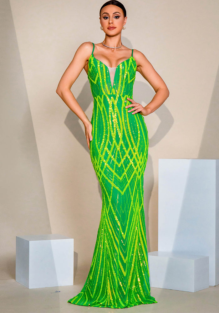 Women Suspender V Neck Bodycon Sequin Formal Party Fishtail Evening Dress