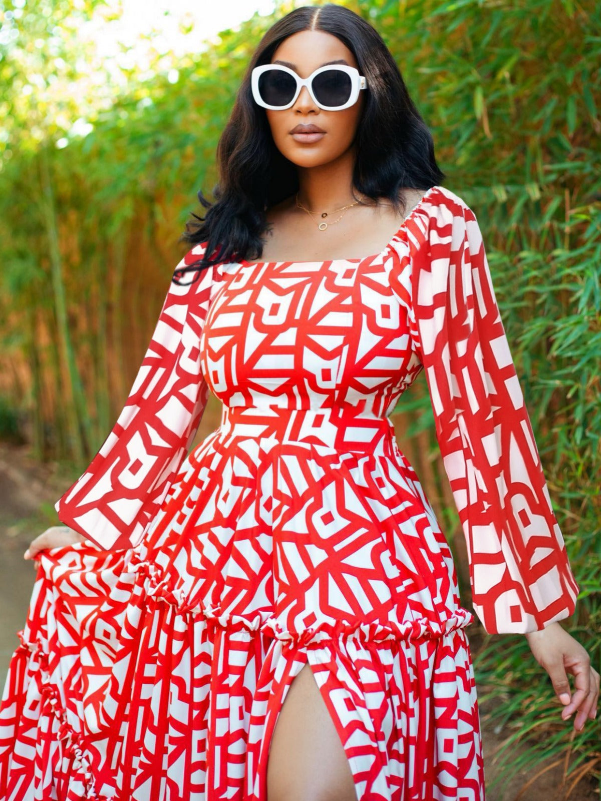 Women spring elegant slit printed u-neck dress