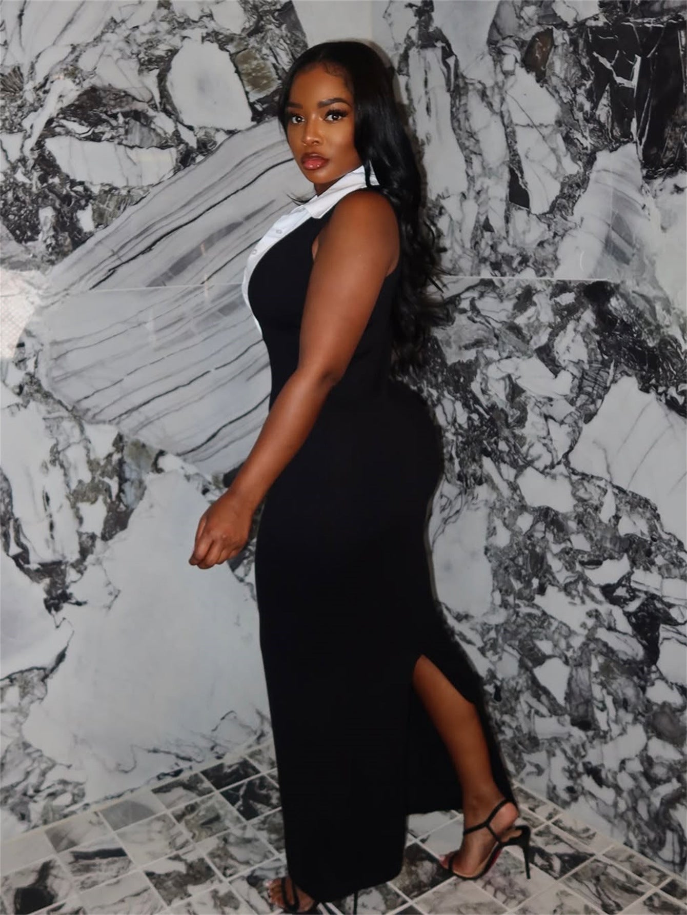 Women Contrast Patchwork Sexy Turndown Collar Sleeveless Bodycon Slit Dress 7