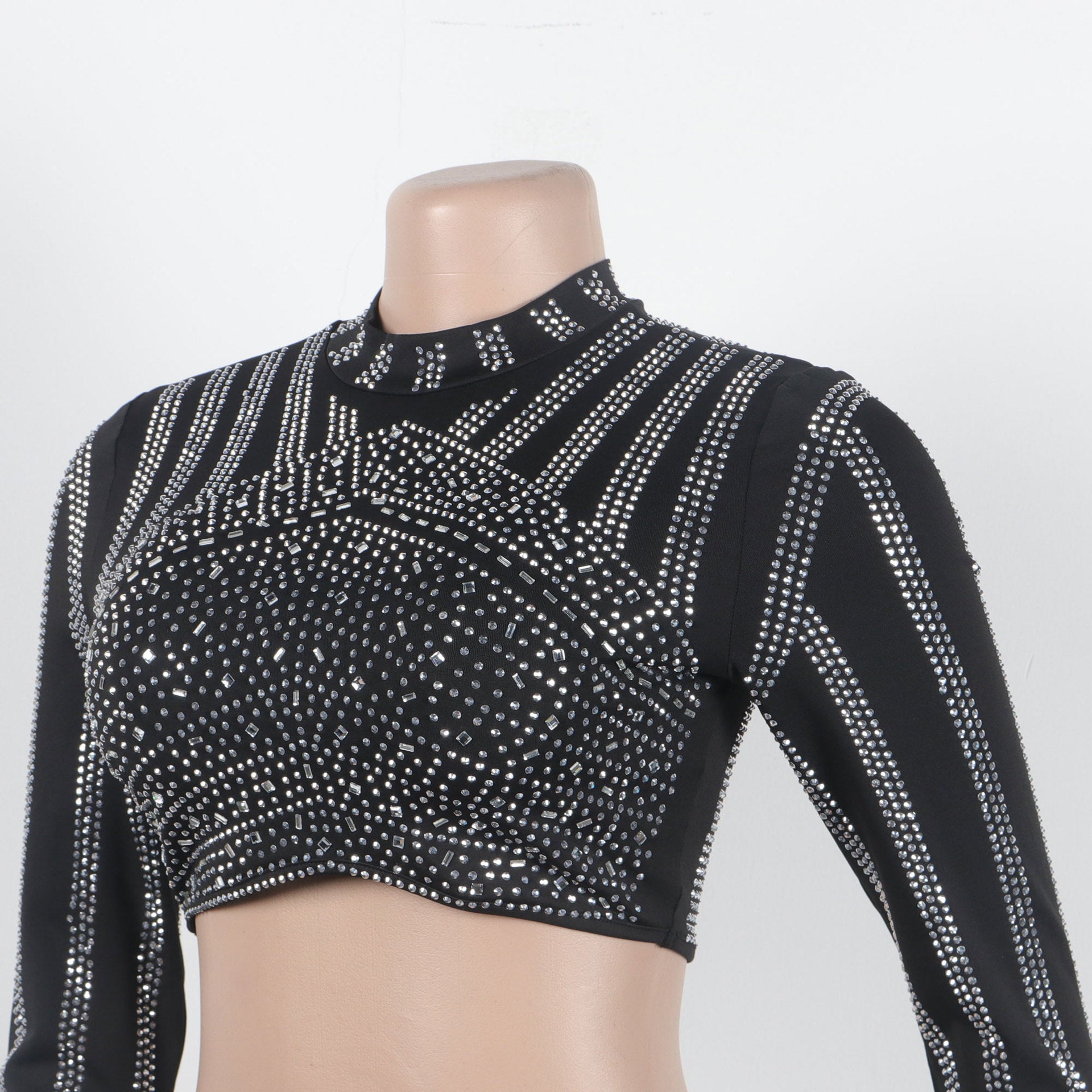 Sexy Beaded Tight Fitting Stretch Long Sleeve Top Bodycon Mermaid Skirt Suit 18