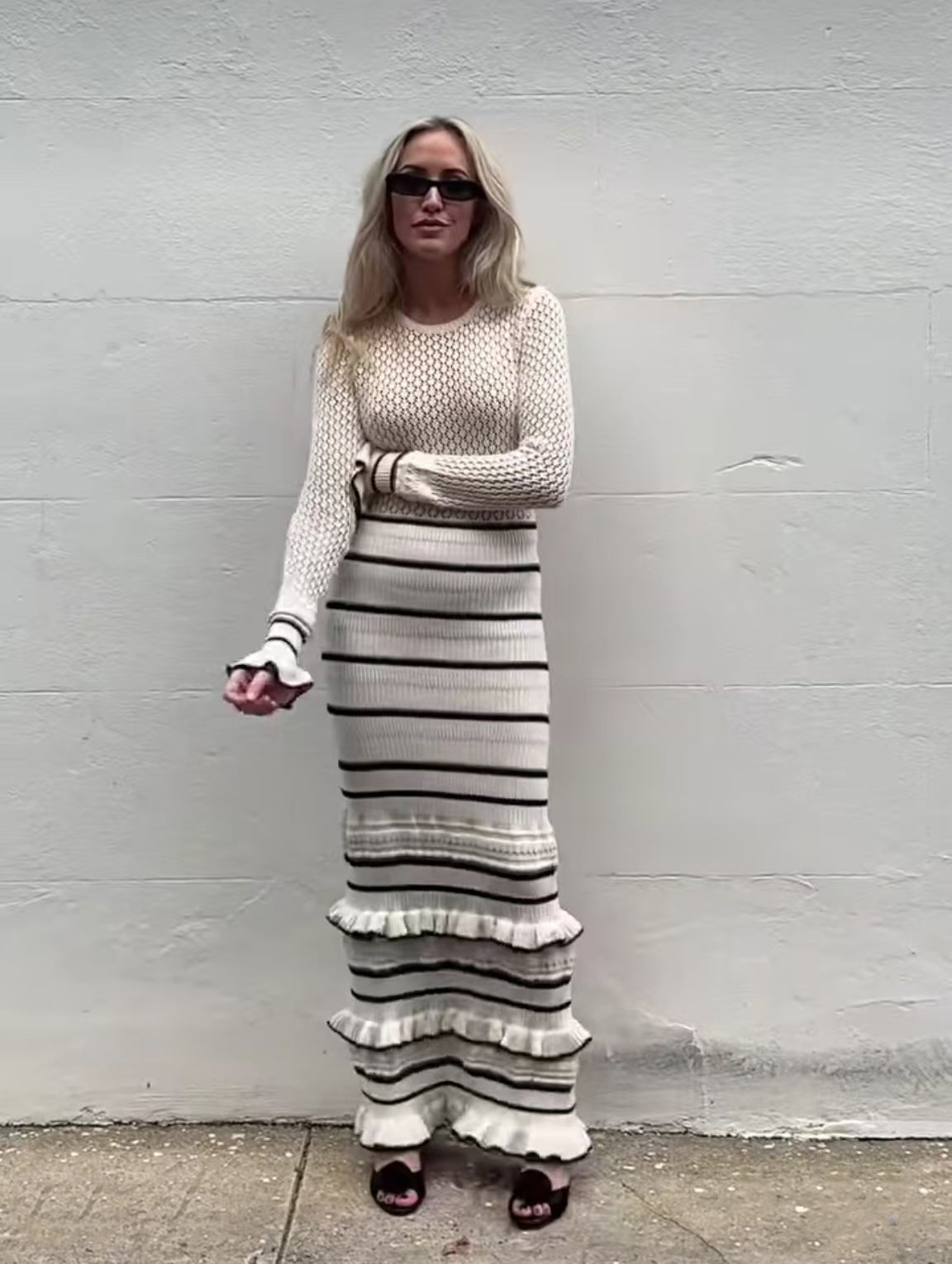 Autumn Winter Ruffle Knitting Ladies Slim Contrast Color Patchwork Elegant Long Dress