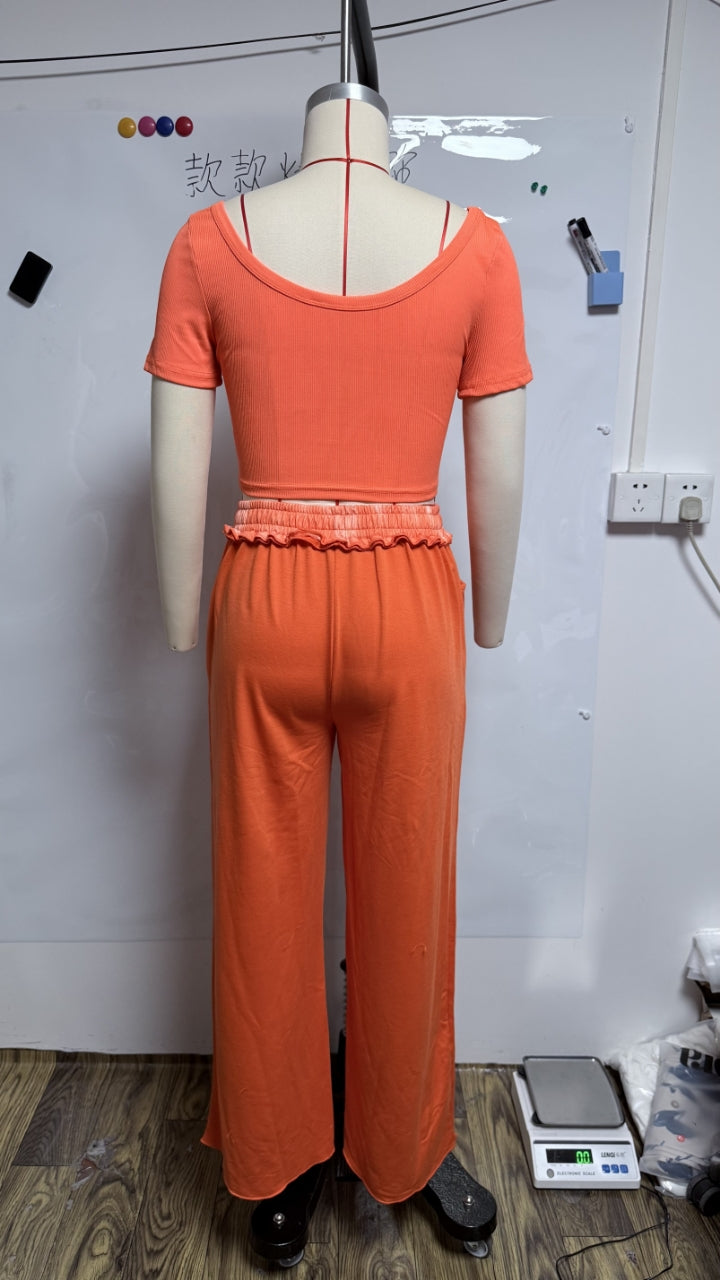 Summer Women's Solid Color Round Neck Short Sleeve Top Casual Pants Set 9