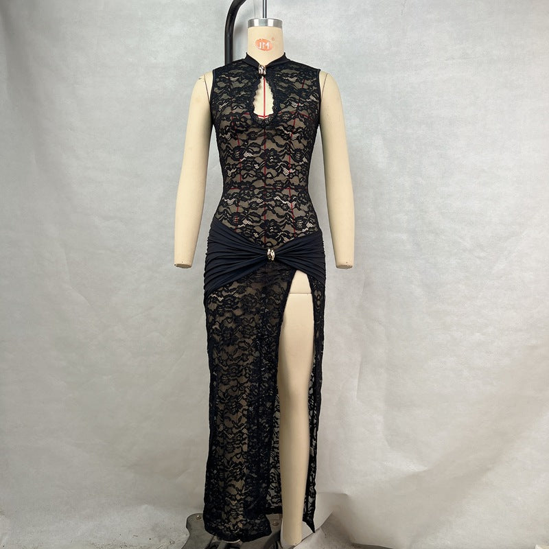 Women’s Sexy Summer Hollow Lace High-Slit Maxi Dress 9