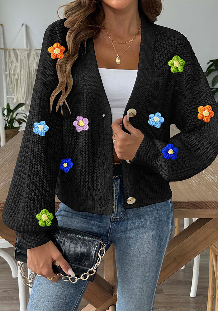 Women's Autumn Winter Flower Patchwork Button Coat Sweater Cardigan
