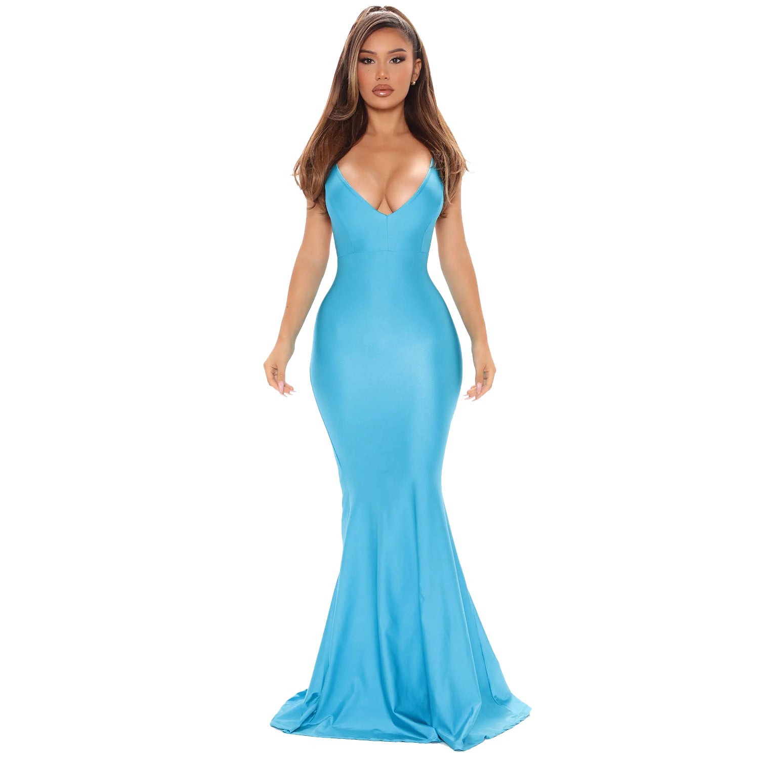 Women Sexy Sleeveless V-Neck Bodycon Long Fishtail Evening Dress 11