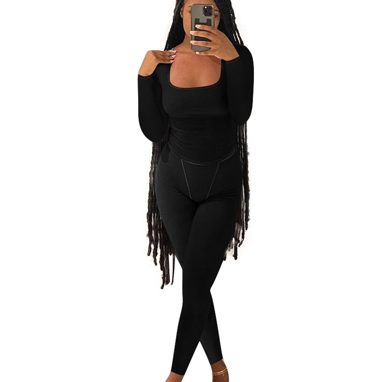 Women's Fashion Casual Ribbed Solid Color Slim Fit Two-Piece Pants Set 10