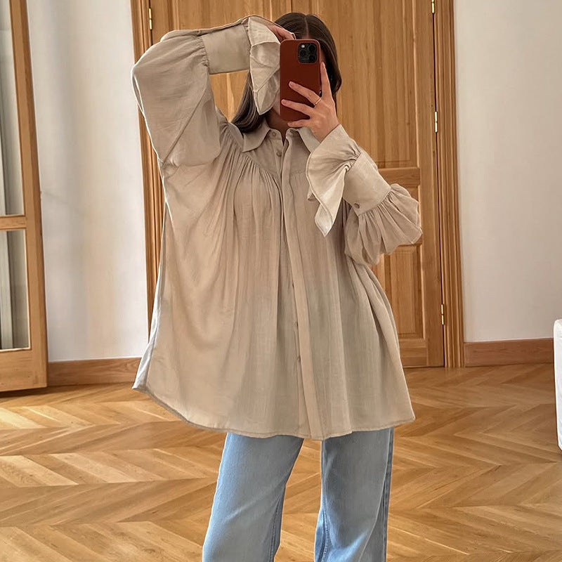 Women's Summer Chic Turndown Collar Bell-Bottom Sleeve Pleated Loose Long-Sleeve Shirt 7