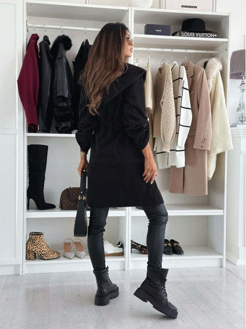 Women Turndown Collar Drawstring Solid Woolen Coat 7