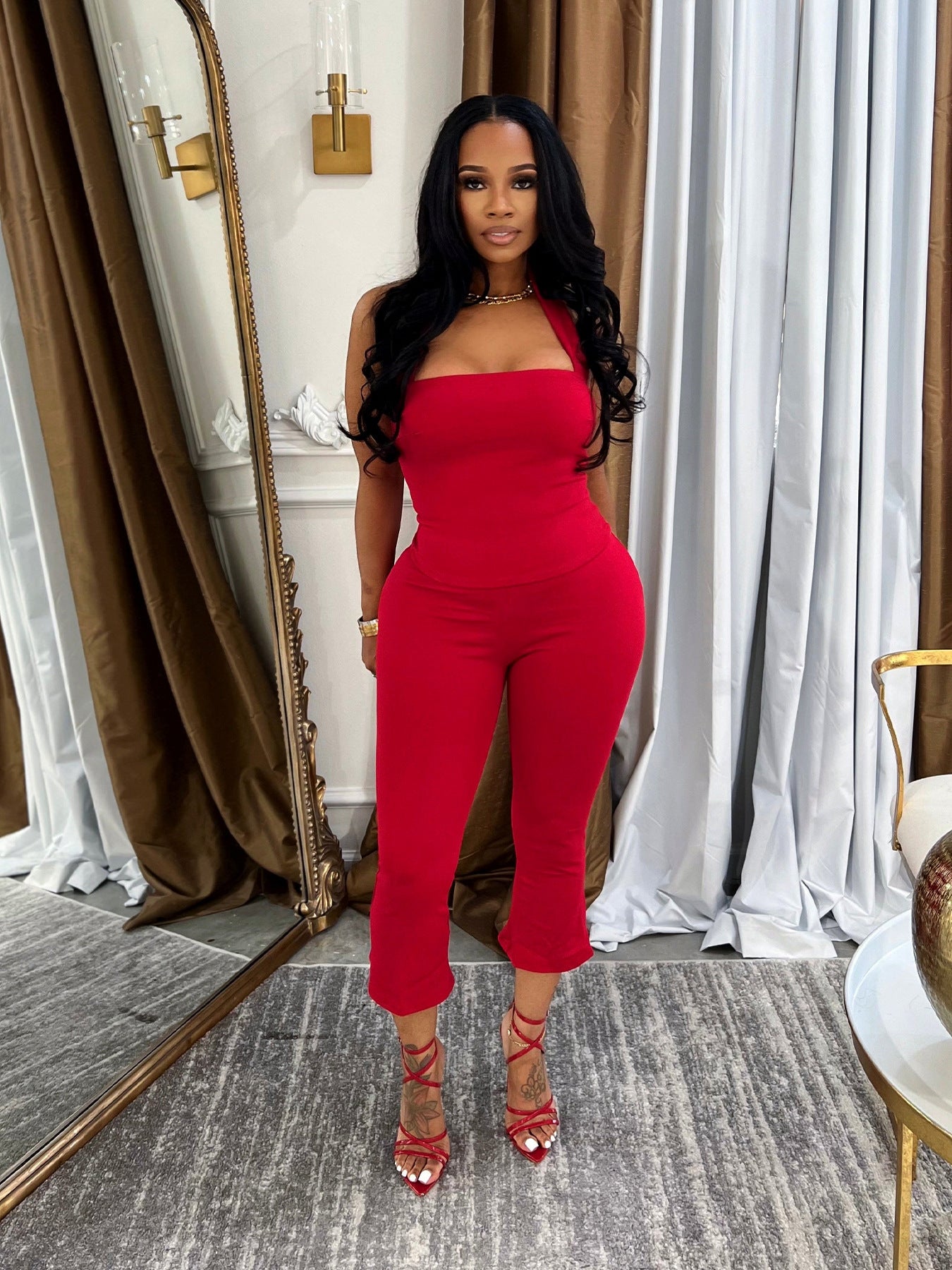 Women Summer Strapless Halter Neck Top and Solid Pants Two Piece Set 4