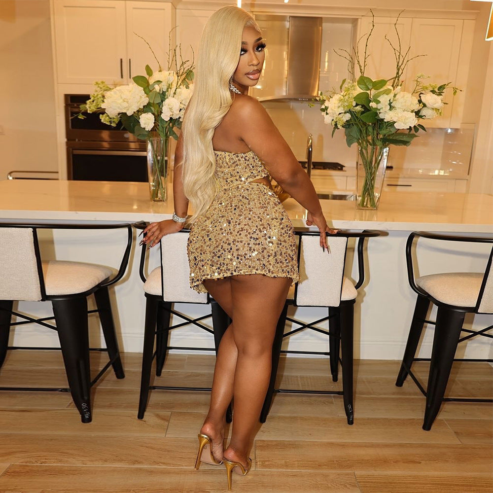 Women Summer Crop Backless Split Sequin Strapless Top and Skirt Two Piece Set 5