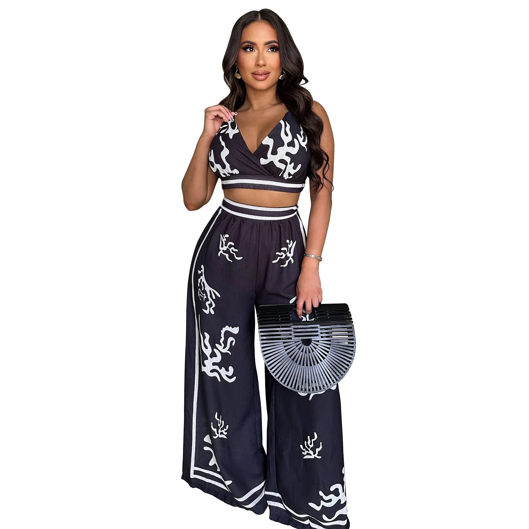 Summer Sexy Print Halter V Neck Vest Wide Leg Pants Two Piece Set 33