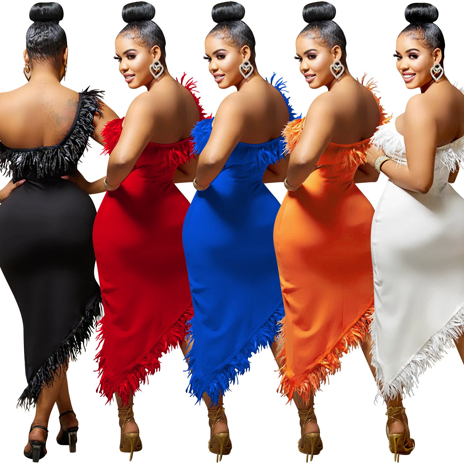 Solid color V-neck sleeveless feather irregular skirt dress 10