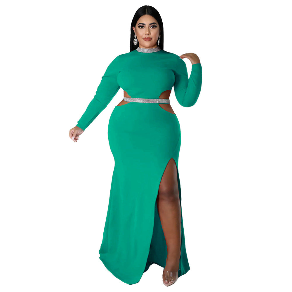 Fall Women'S Fashion Sexy Open Waist Slit Long Sleeve Maxi Dress