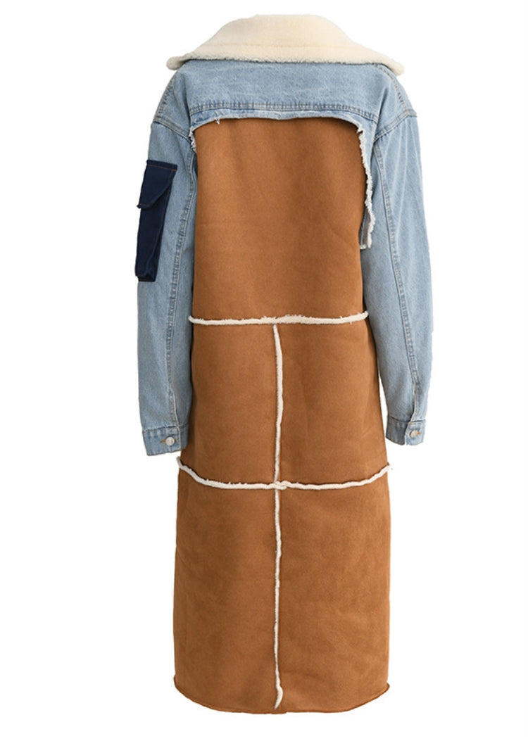 Winter Blue Denim Patch Fleece Full Sleeves Thick Long Coat 10