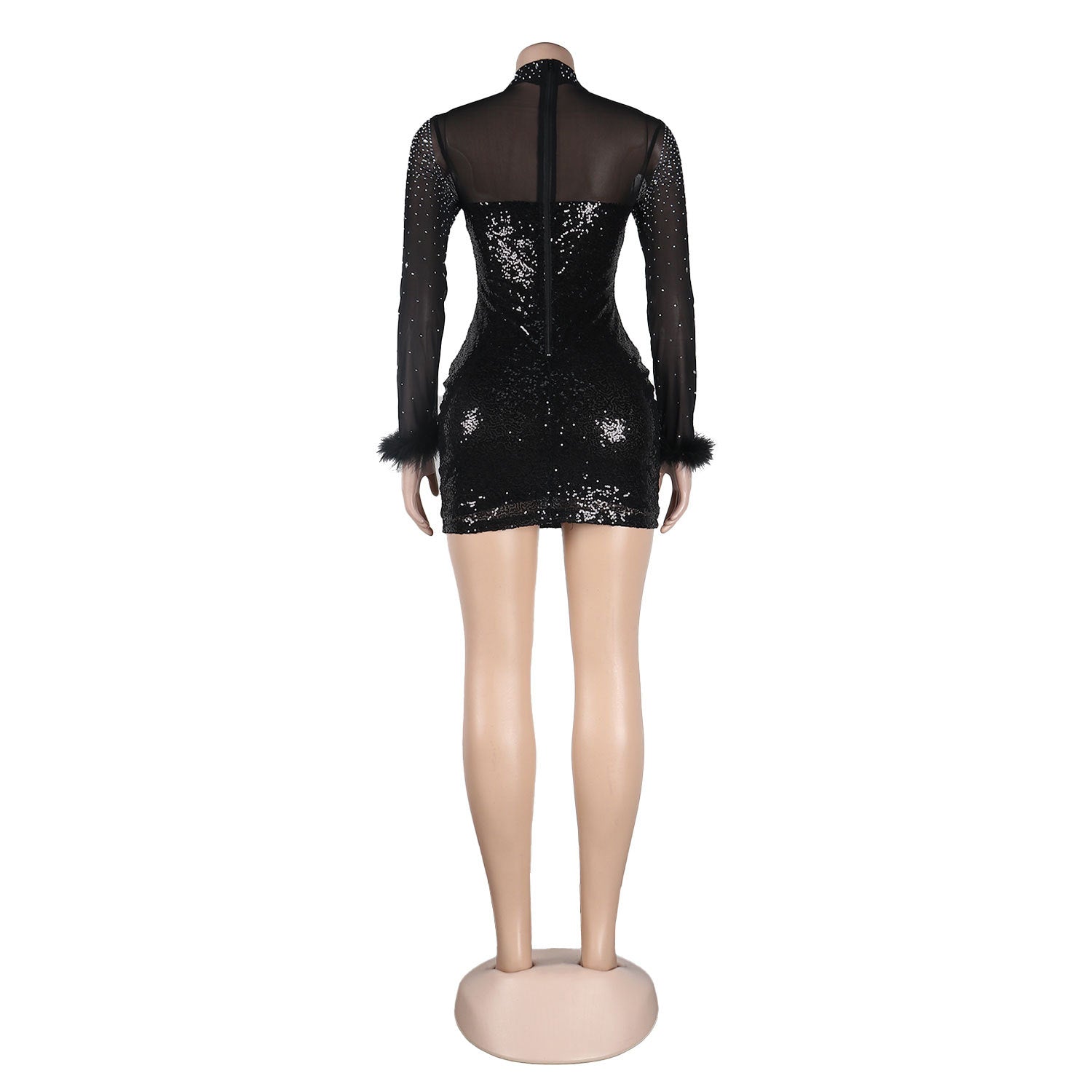 Sexy See-Through Mesh Feather Bodycon Slim Sequin Beaded Dress 12