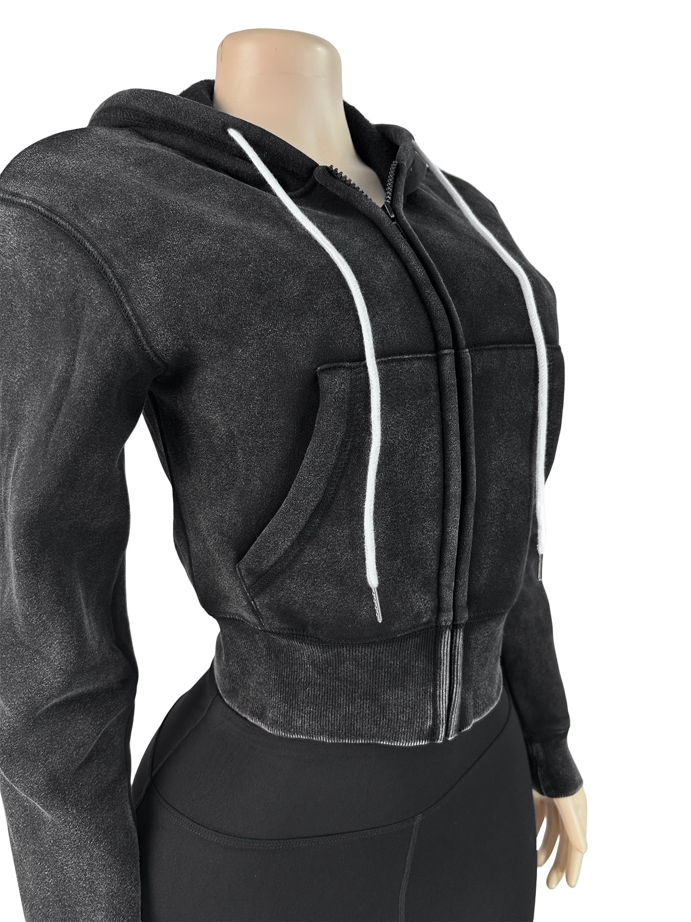 Fashion Women's Washed Zipper Hooded Top Yoga Pants Sport Casual Two-Piece Set 12