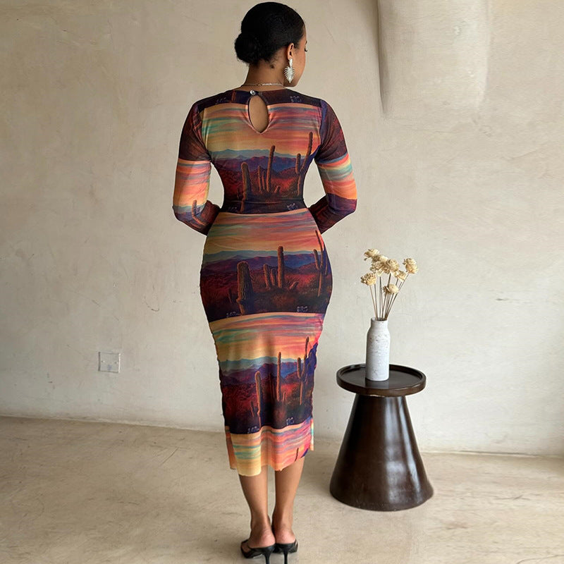 Fashion Holidays Round Neck Printed Long Sleeve Street Trend Slim Bodycon Women Dress 5