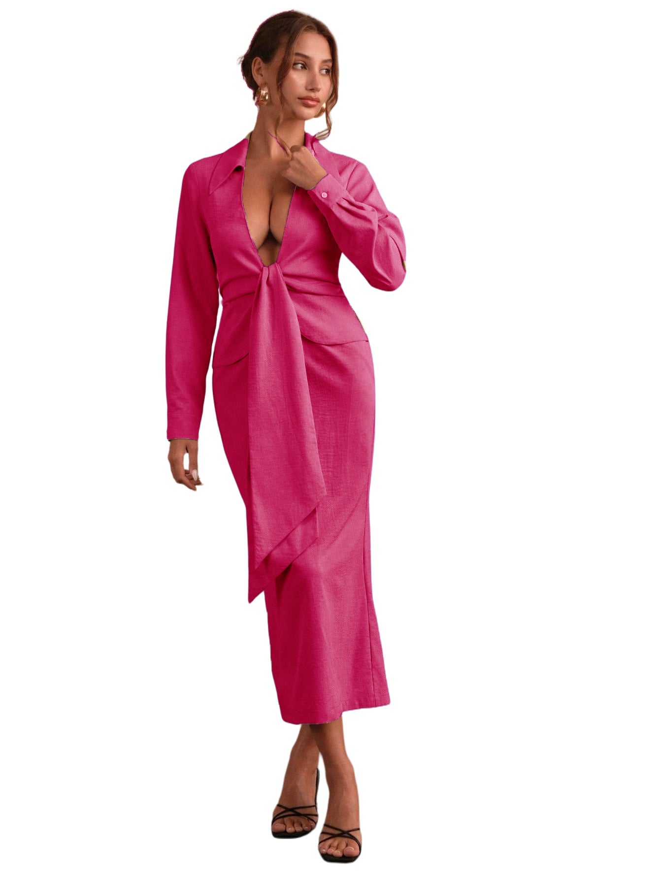 Women Sexy Solid V-Neck Shirt Dress 3