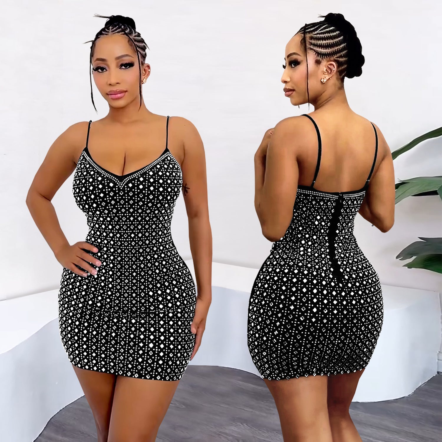 Women Beaded Sleeveless Suspender Bodycon Dress 3