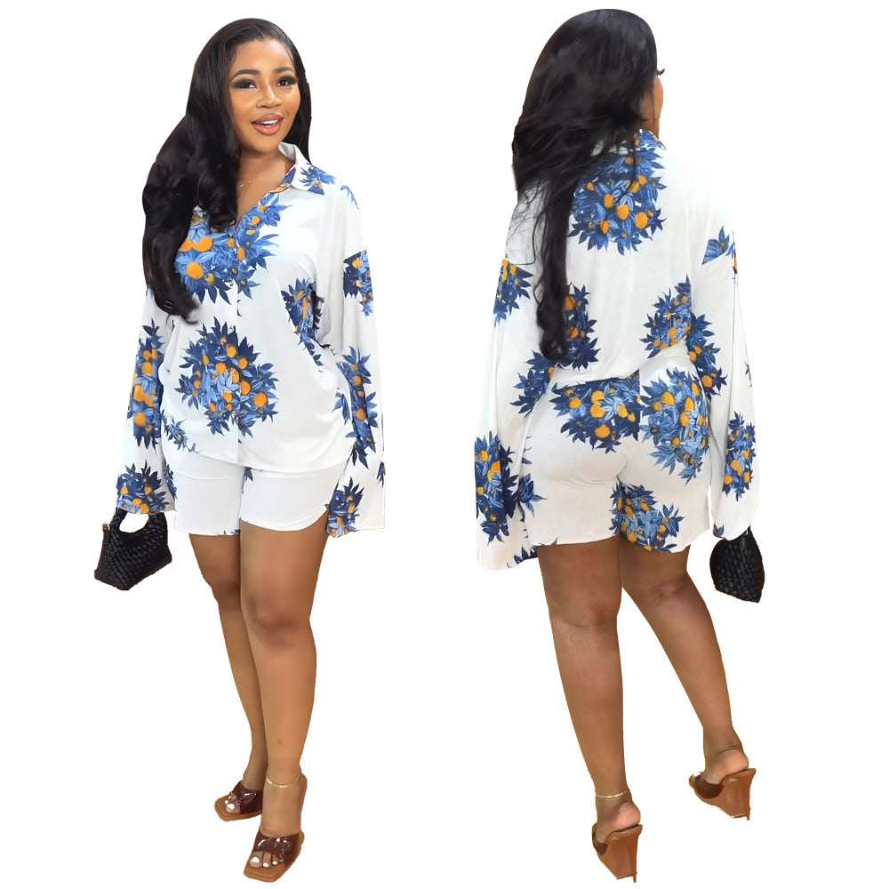 Printed Long Sleeve Shirt Shorts Spring Summer Casual Set Career Women's Two-Piece Set